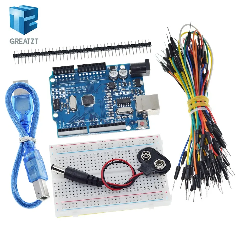 Starter-Kit für Arduino UnoR3 - Bündel mit 5 Artikeln: UnoR3, Steckplatine, Überbrückungsdrähte, USB-Kabel