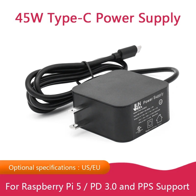 Raspberry Pi 5 45 W Typ-C-Netzteil, unterstützt PD 3.0 und PPS, optionale Spezifikation, US-EU