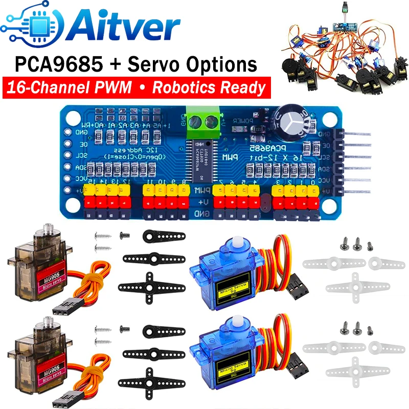 PCA9685 16-Kanal PWM Servo-Treiberplatine / SG90 9g Servo / MG90S Metallgetriebe-Servo 1 Stück oder 10 Stück