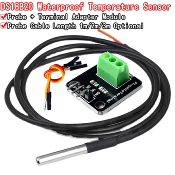 DS18B20 Temperatursensormodul-Kit, wasserdicht, 100 cm, digitales Sensorkabel, Edelstahl-Sondenklemmen-Adapter