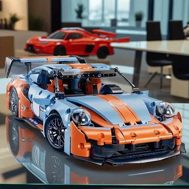 Blaue/orangefarbene Auto-Bausteine, DIY 3D-Puzzle-Bausatz (600 Stück) – Bild 2