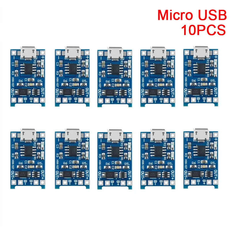 TP4056 5 V 1 A 18650 Lithium-Batterie-Ladegerät-Modul, Mini-USB, Micro-USB, Typ-C-Schnittstelle (10 Stück)