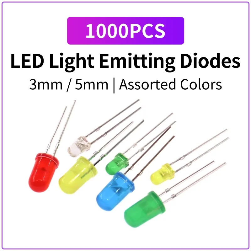 3 mm 5 mm DIP-LED-Leuchtdioden Weiß Rot Gelb Blau Grün Lila Warmweiß (1000 Stück)