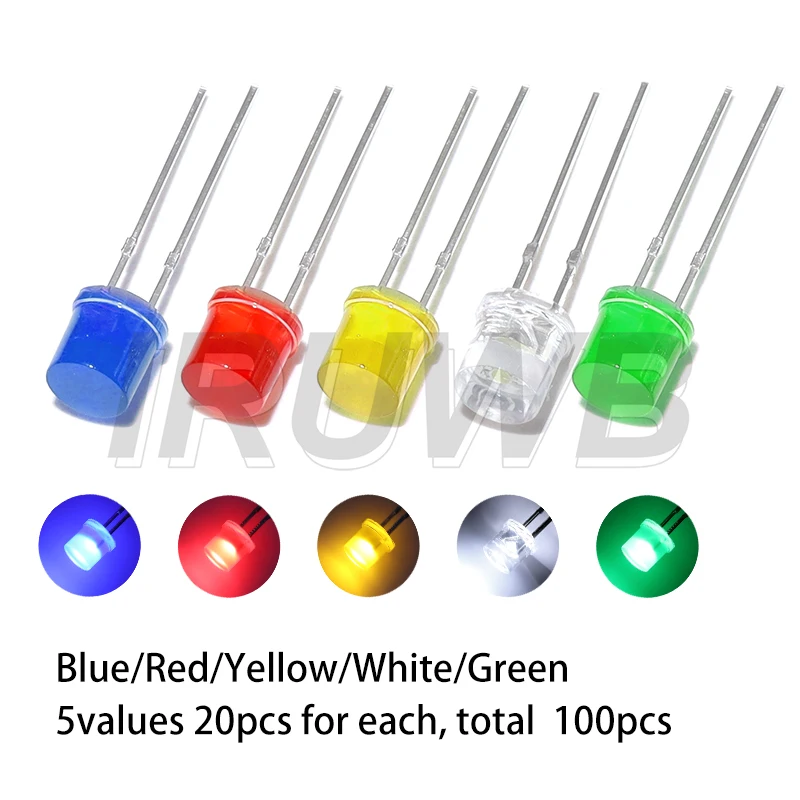 F5 LED-Leuchten Dioden Sortiment Set 5MM LED-Beleuchtungsdioden Flat-Top-LED-Diode Rot Gelb Blau (100 Stück)
