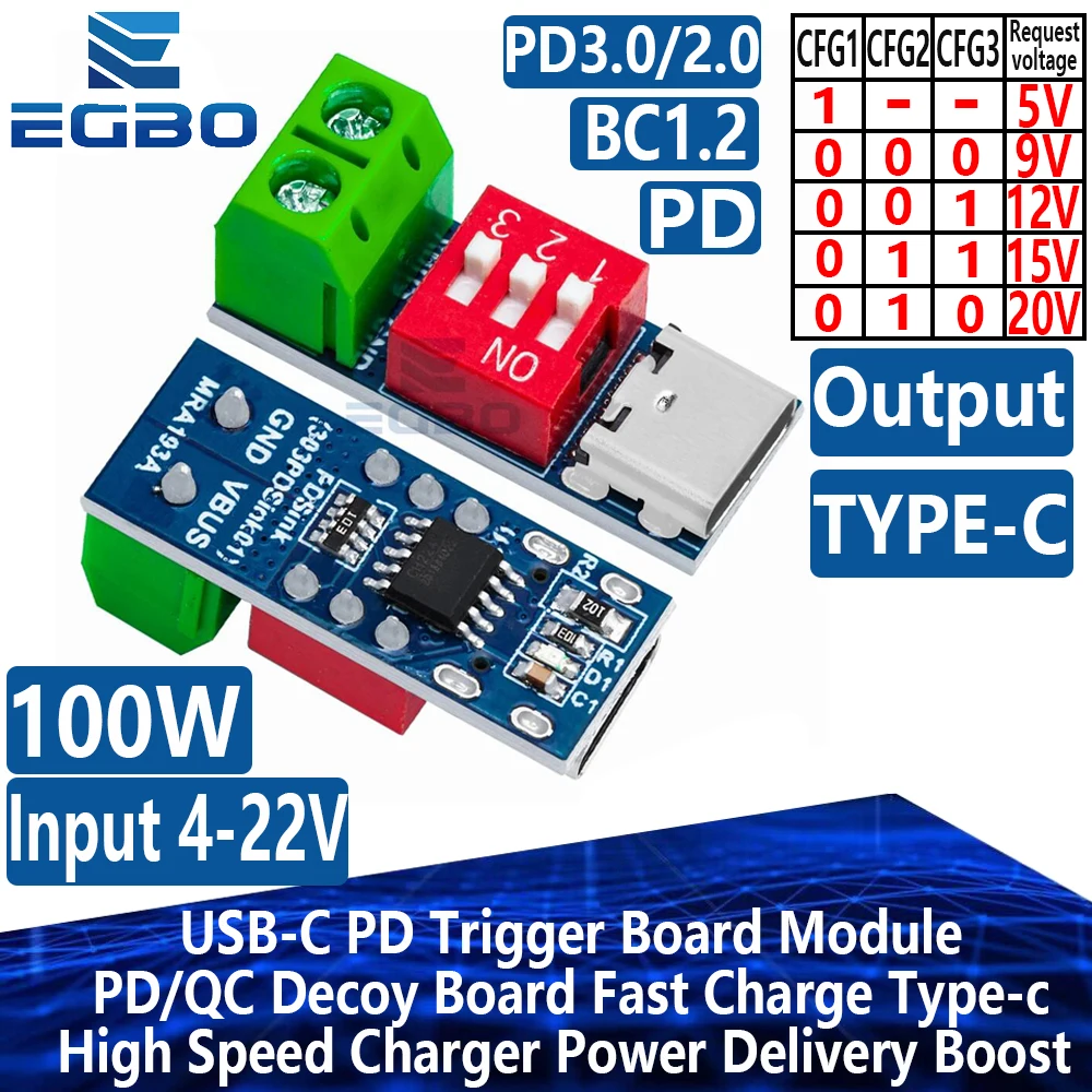 USB-C PD Trigger Board Modul PD/QC Decoy Board Schnellladung USB Typ-C auf 12V Hochgeschwindigkeitsladegerät
