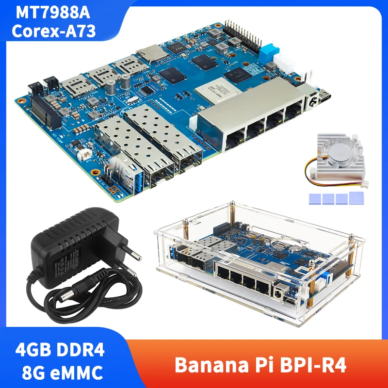 Banana Pi BPI-R4 MT7988A 4GB DDR4 8G EMMC 128MB SPI NAND Flash Smart Router Board Optional mit Gehäuse, Lüfter