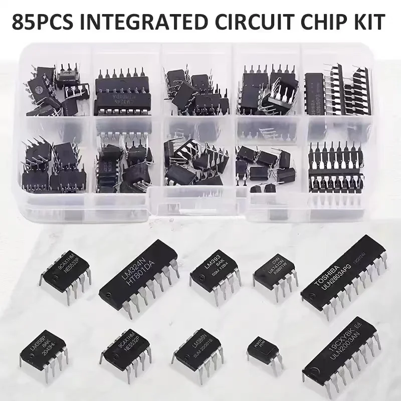 Integriertes Schaltkreis-Chip-Kit, 10 Spezifikationen, IC-NE555 IC-LM324 IC-LM358 (85 Stück)