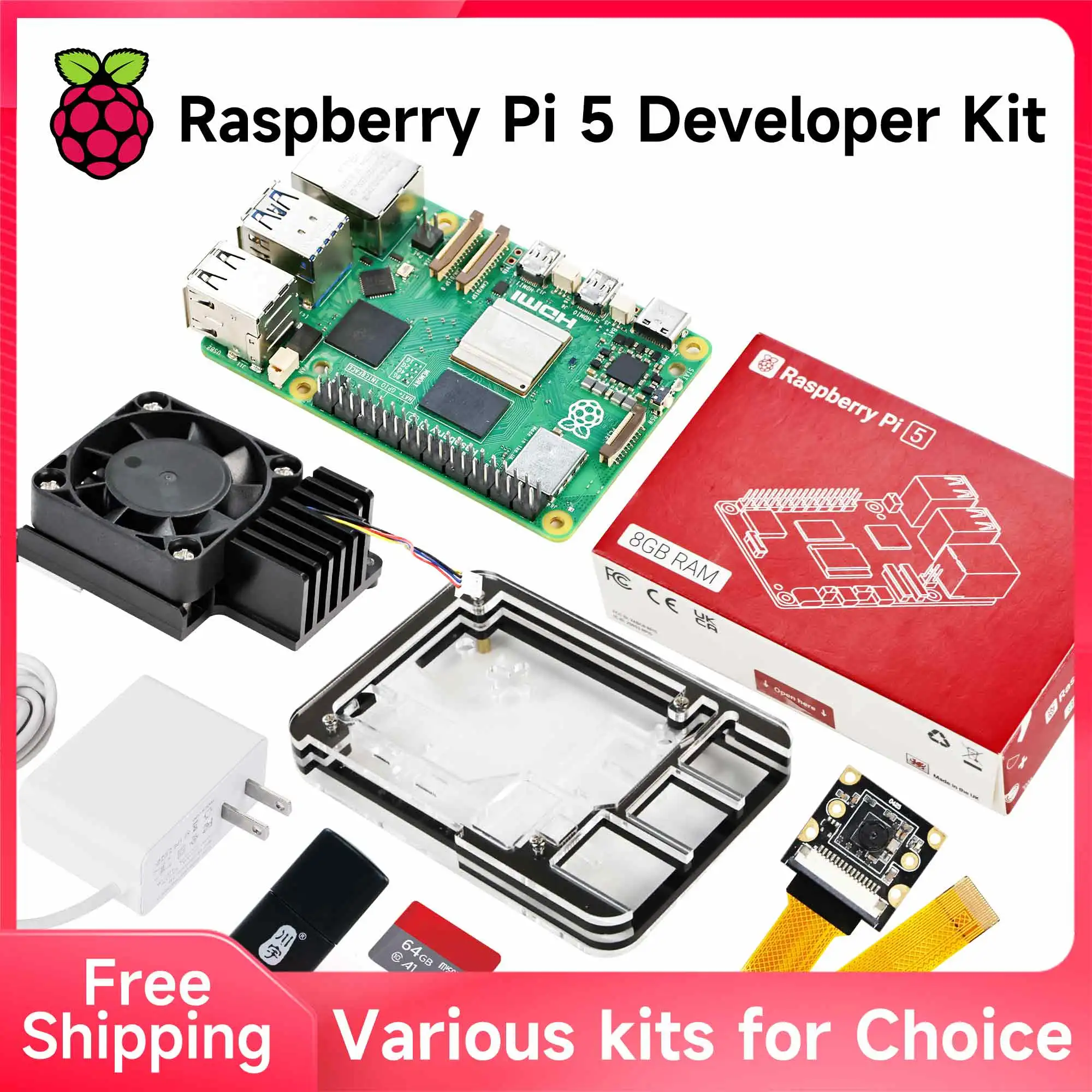 Raspberry Pi 5 Entwicklungsboard AI MLLM 1G 2G 4G 8GB 16G RAM Modell mit Verschiedenen Optionalen Zubehörsets
