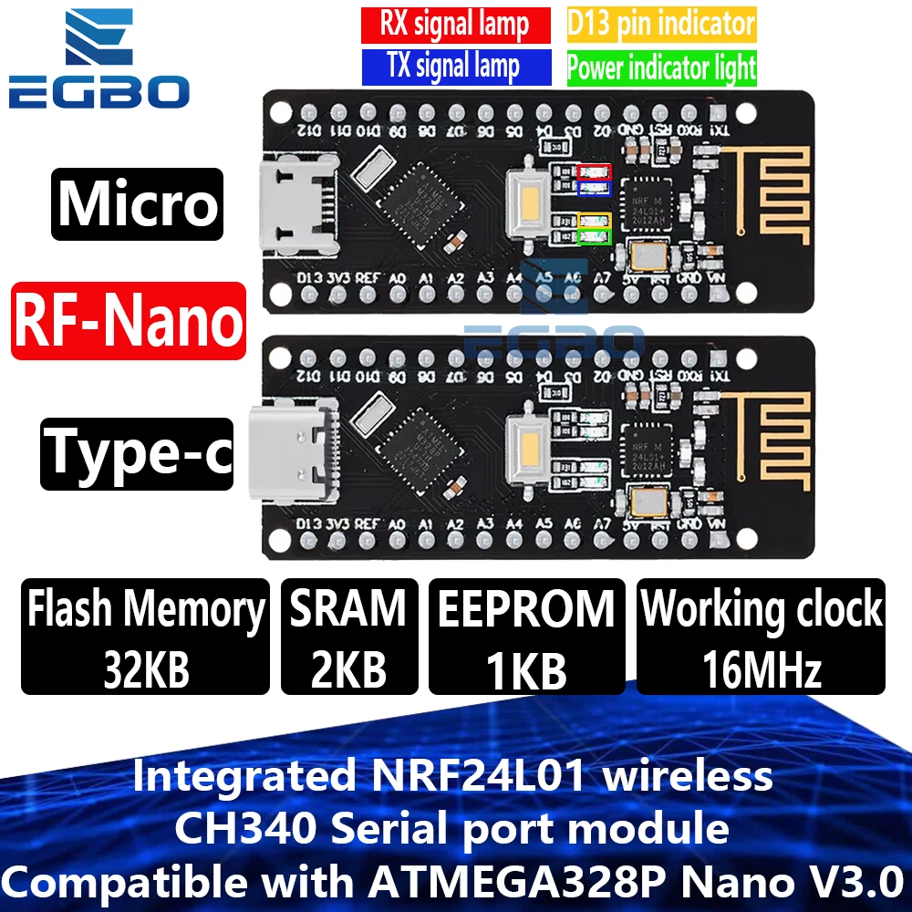 RF-Nano Nano V3.0, Micro-USB-Nano-Board ATmega328P QFN32 5V 16M CH340, integriertes NRF24l01+2.4G-Funkmodul