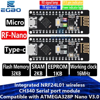 RF-Nano Nano V3.0, Micro-USB-Nano-Board ATmega328P QFN32 5V 16M CH340, integriertes NRF24l01+2.4G-Funkmodul