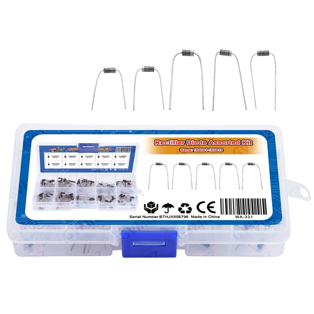 10 Werte Gleichrichterdiode Sortiment 1N4001 1N4002 1N4003 1N4004 1N4005 1N4006 1N4007 mit Box (100 Stück)