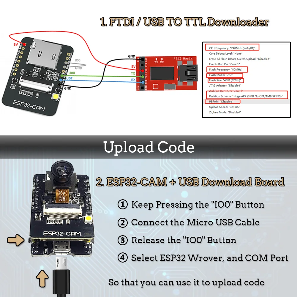 ESP32-CAM Kameramodul-Kit 2,4 GHz WLAN Bluetooth 8MB PSRAM OV2640 – Bild 4