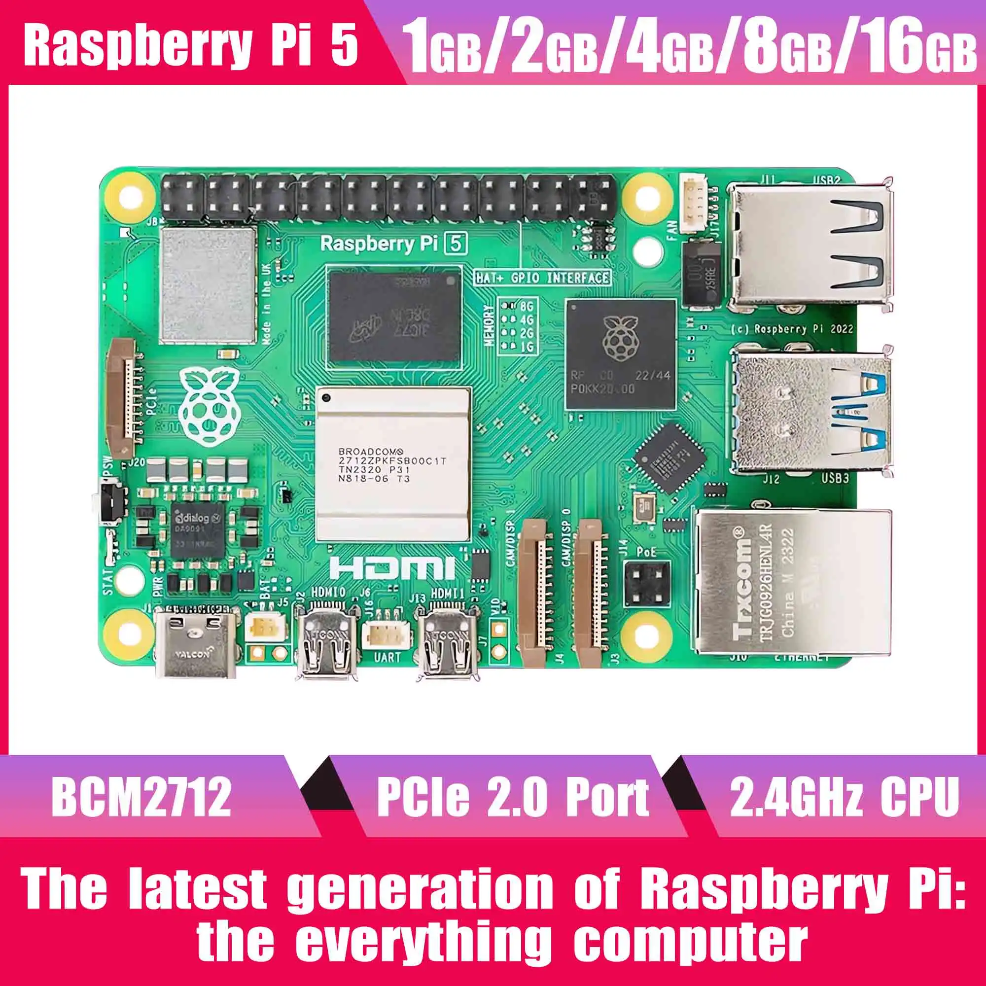 Raspberry Pi 5 1G 2G 4G 8G 16G RAM Entwicklungsboard KI Großes Sprachmodell-Kit Gehäuse Lüfter Netzteil