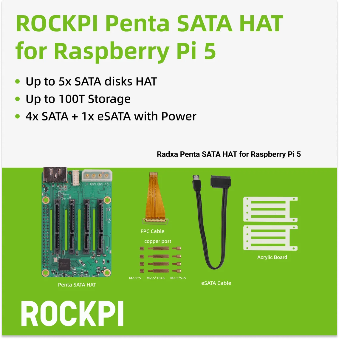 ROCKPI Penta SATA HAT - Bis zu 5x SATA-Scheiben HAT für Raspberry Pi 5 und ROCK Pi SBCs, 3C, 5A, 4A / 4B / 4SE