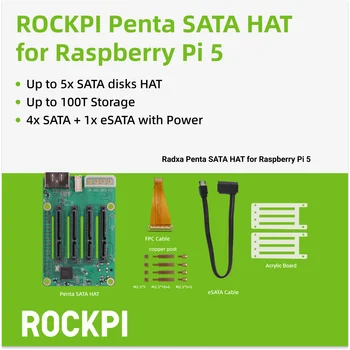 ROCKPI Penta SATA HAT - Bis zu 5x SATA-Scheiben HAT für Raspberry Pi 5 und ROCK Pi SBCs, 3C, 5A, 4A / 4B / 4SE