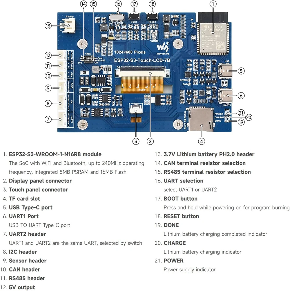 Waveshare ESP32-S3 7,0 Zoll 1024 x 600 LCD-Entwicklungsboard – Bild 6