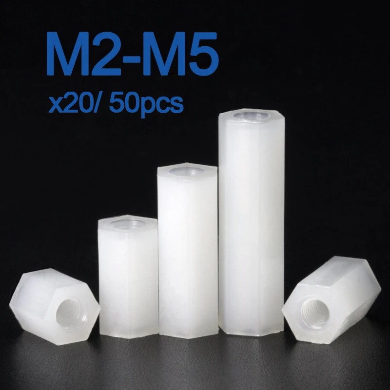 Weiße Nylon-Sechskant-Abstandshalter, Buchse auf Buchse, M2, M2,5, M3, M4*L, Länge 5-50 mm