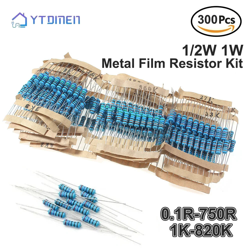 Metallfilm-Widerstandsset 1/2W 1W 30 Werte 0,1R~750R 1K~820K Hochpräzises 1% Sortiment-Kit (300 Stück)