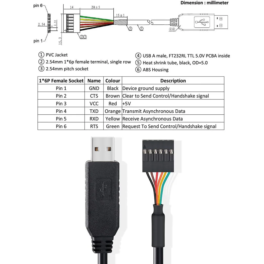 USB-zu-TTL-Seriell-5-V-Adapterkabel mit FTDI FT232RL-Chip, 6-polige – Bild 6