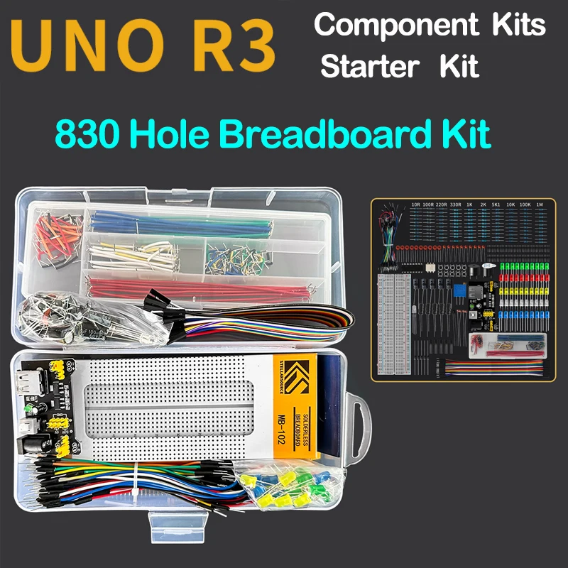 830 Loch Steck brett Kit für uno r3 Komponenten Kits Starter Kit MB-102 Jumper Caps Widerstände LEDs Punch