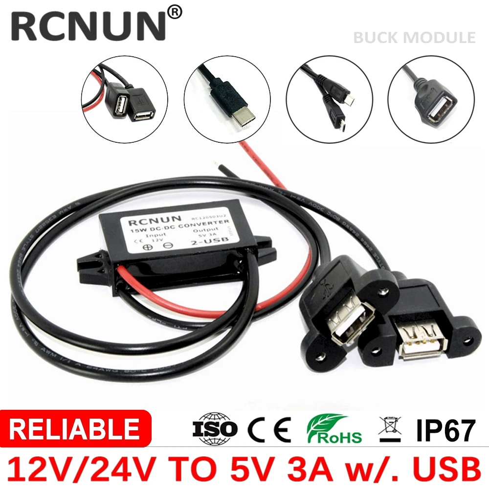 12V 24V zu 5V 3A 15W DC-Wandler Buck-Modul Netzteil Regler für Autoladegerät Typ-C Micro-USB-Ausgang