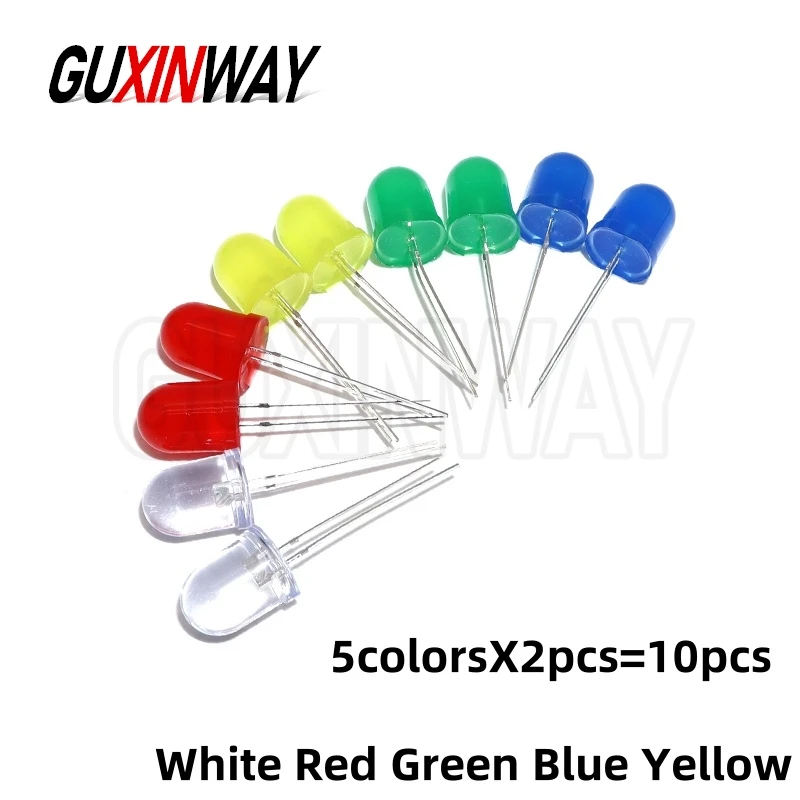 10 mm LED-Dioden, mehrfarbige Lichter, Weiß, Rot, Grün, Blau, Gelb, verschiedene Glühbirnen, Set