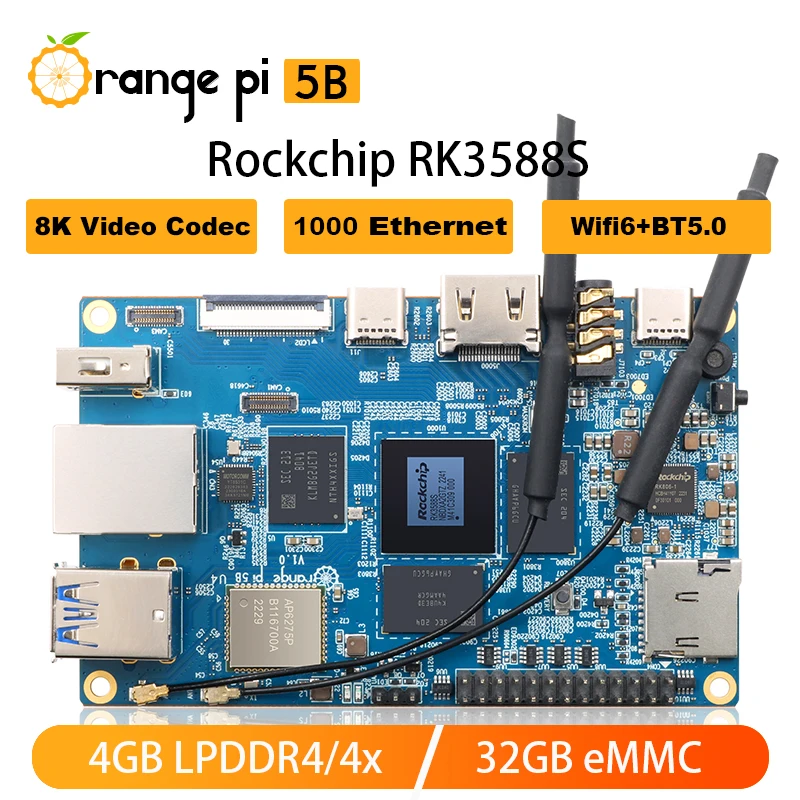 Orange Pi 5B 4 GB RAM 32 GB eMMC RK3588S 8 Core Gigabit Ethernet Wifi6 BT5.0 8K Video Single Board Computer