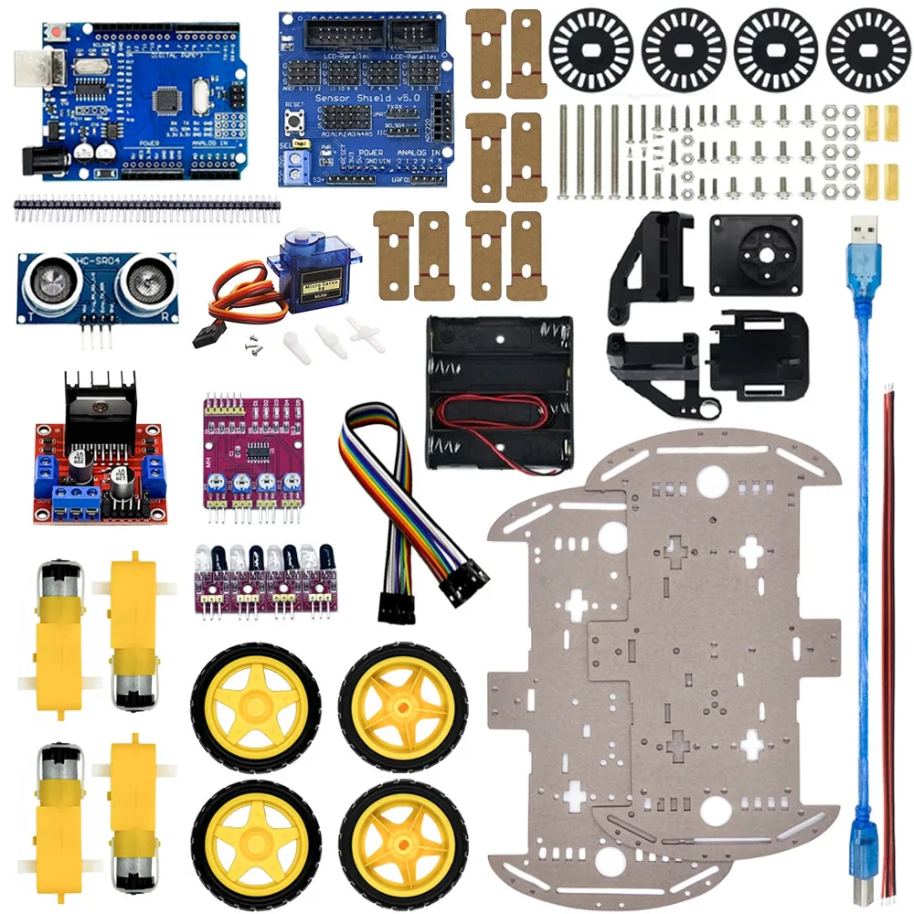 4WD Elektronisches Smart-Car-Kit für Arduino R3 Board mit Geschwindigkeitsencoder und Batteriekasten DIY