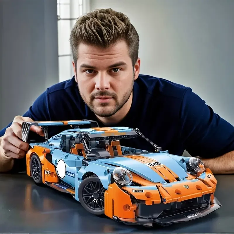 Blaue/orangefarbene Auto-Bausteine, DIY 3D-Puzzle-Bausatz, geeignet (600 Stück)