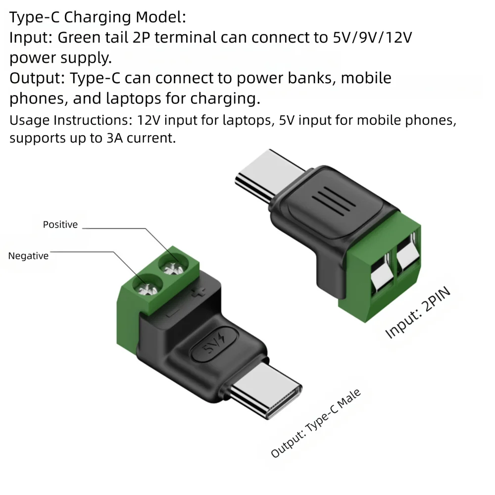 USB-C auf 2-Pin Schraubklemmenadapter Lötfreier Stecker Typ-C auf 2-Pin Crimp 5V 3A Handy Laptop Ladeadapter