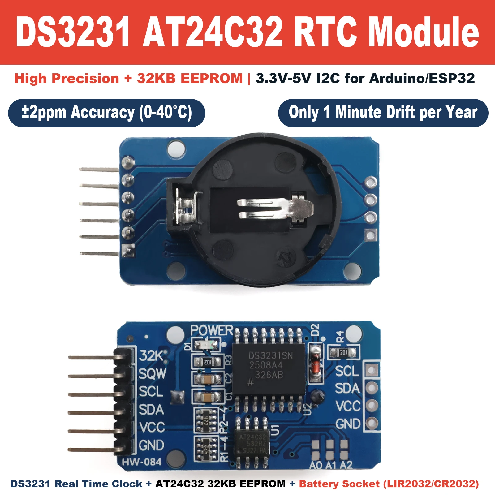 DS3231 RTC-Modul AT24C32 IIC Präzisions-Echtzeituhr-Speicherplatine I2C für Arduino Raspberry Pi DIY Ersatz