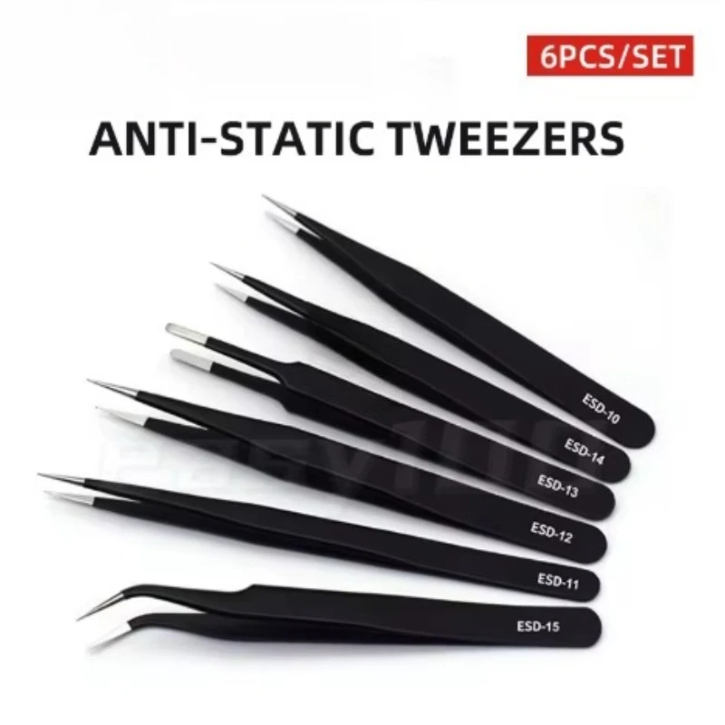 Präzisionspinzetten-Set ESD Antistatische Edelstahl-Pinzetten Reparaturwerkzeuge (6 Stück)