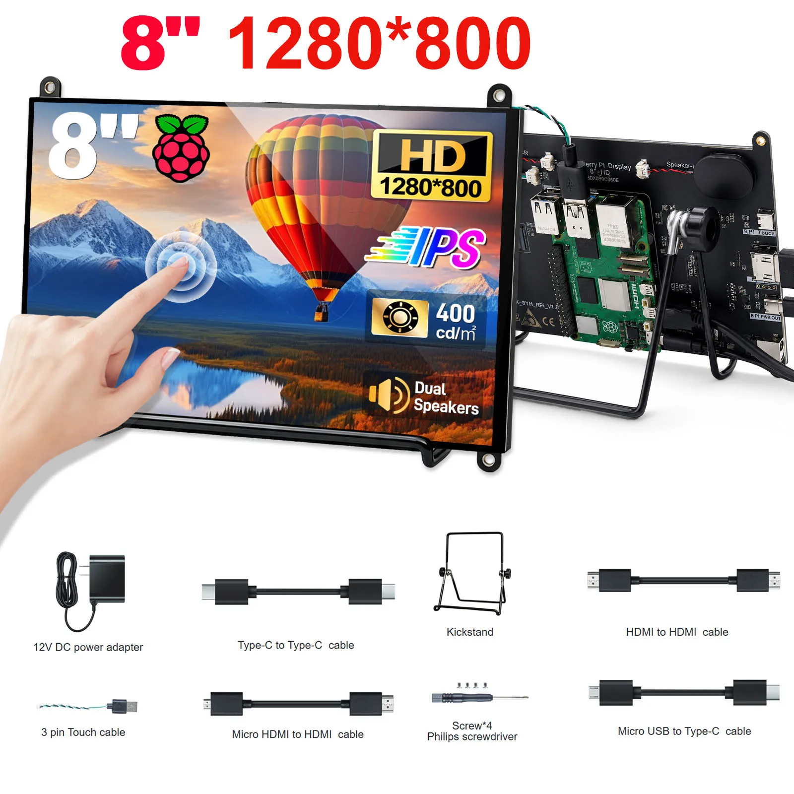 7/8 Zoll Touchscreen Raspberry Pi 5 IPS 1920x1200 HD LCD HDMI-Display für RPI 4B 3B+ 3B PC Sekundärbildschirm