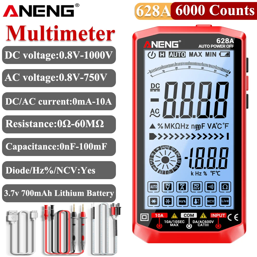 Digitales Multimeter ANENG 628A, hochauflösender Bildschirm, AC/DC-Spannung, Strom, Hz, wiederaufladbarer