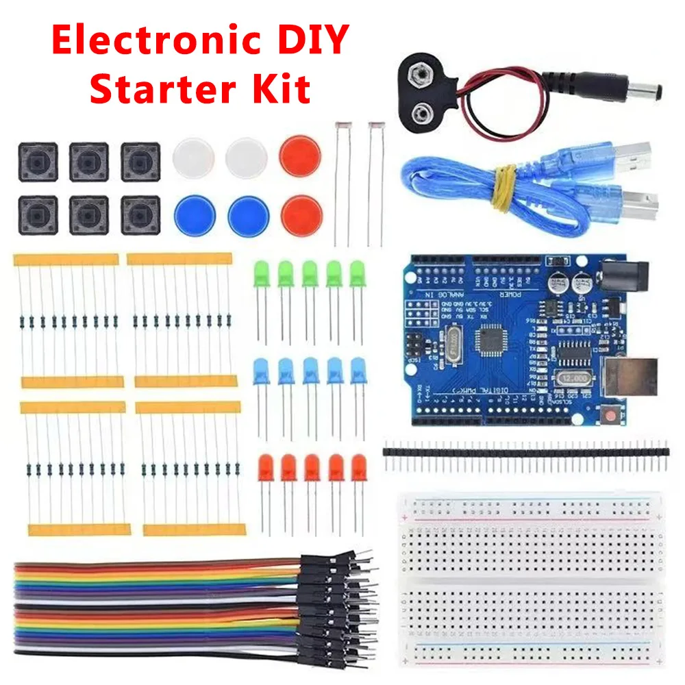 DIY Elektronik Starter-Kit für Arduino R3 Board mit 400-Loch Steckplatine, LED-Jumper-Kabeln, Lernset