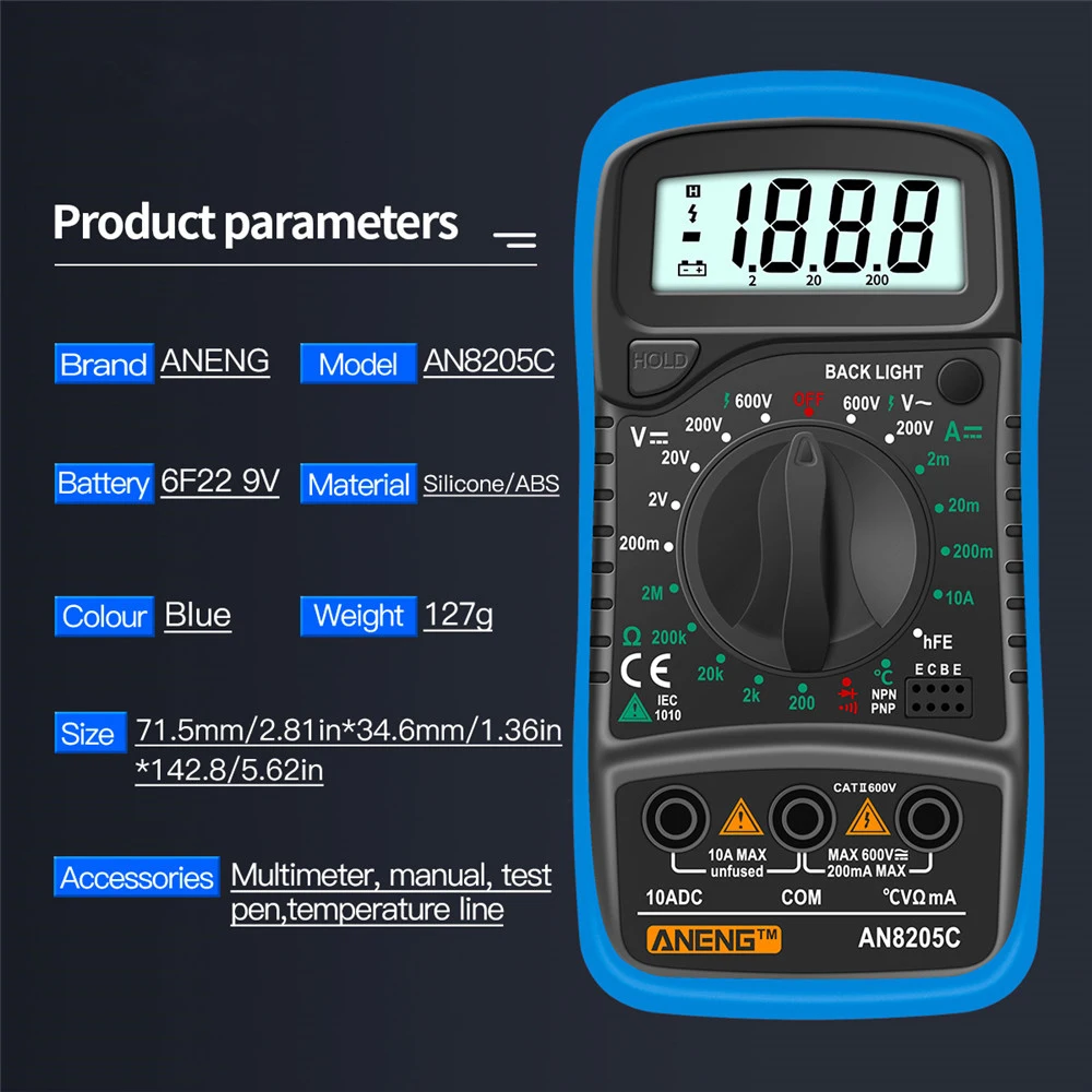 LCD-Digital multimeter AC/DC-Ampere meter Volt Ohm Test messer an8205c – Bild 5