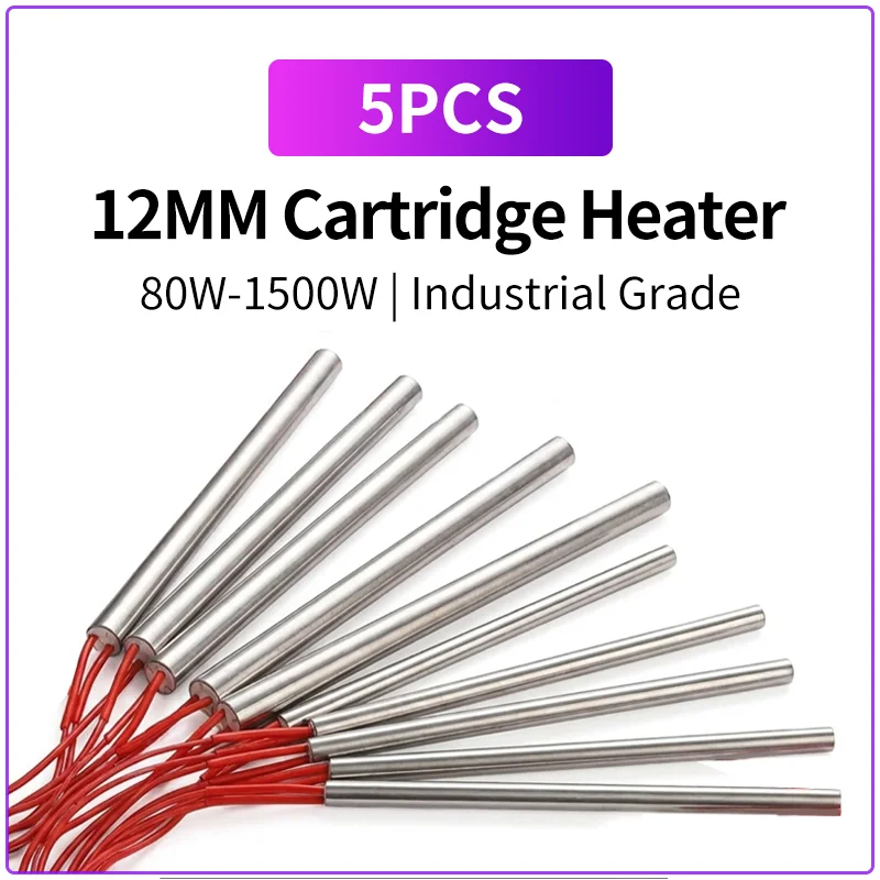 12mm Heizpatronen 80W-1500W Einzelkopf-Heizrohr Trockenes Heizelement 220V 380V Formheizung (5 Stück)