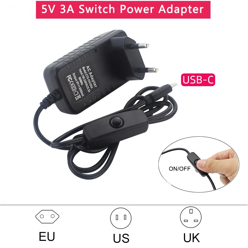 5V 3A Netzteil mit EIN/AUS-Schalter EU US UK Stecker Ladegerät USB Typ-C Netzteil für Raspberry Pi 4 Orange Pi