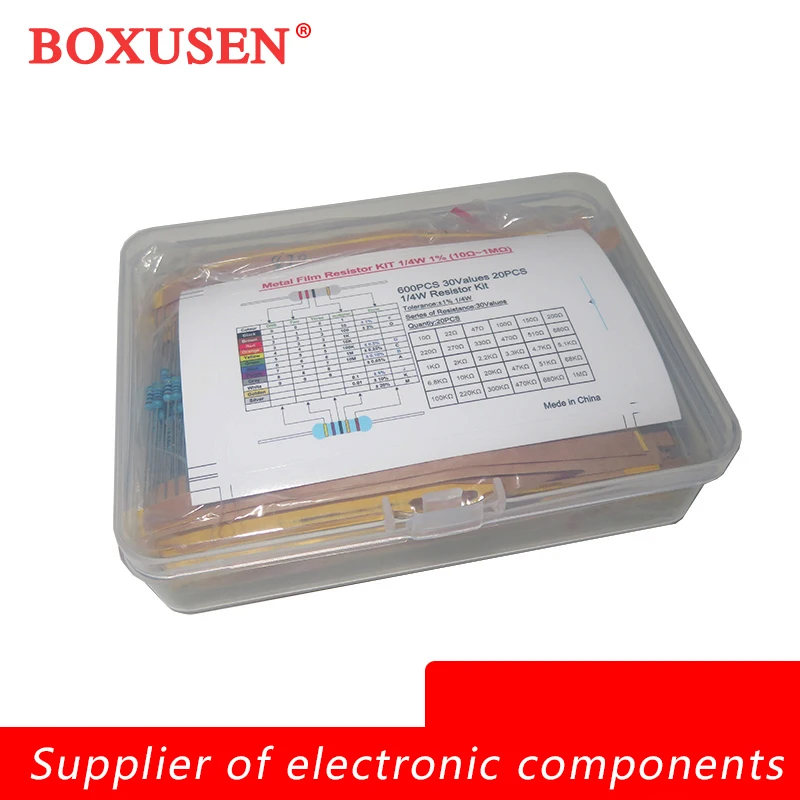 1/4 W, 30 Werte, jeweils 20 Stück Metallfilm-Widerstands-Kit-Box, 1 % Widerstand, sortiertes (600 Stück)