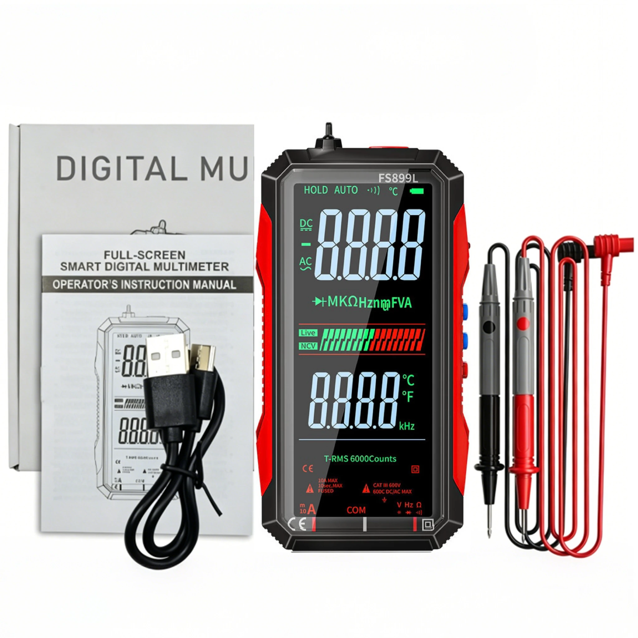Digitales Multimeter mit 4,8'' Vollfarb-LCD, 6000 Anzeigen, Automatische Bereichswahl und Wiederaufladbarem