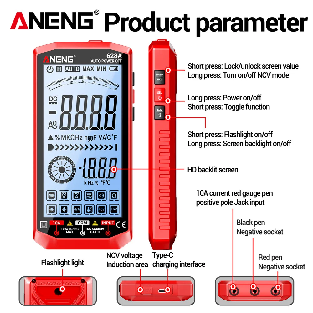 Digitales Multimeter ANENG 628A, hochauflösender Bildschirm – Bild 4