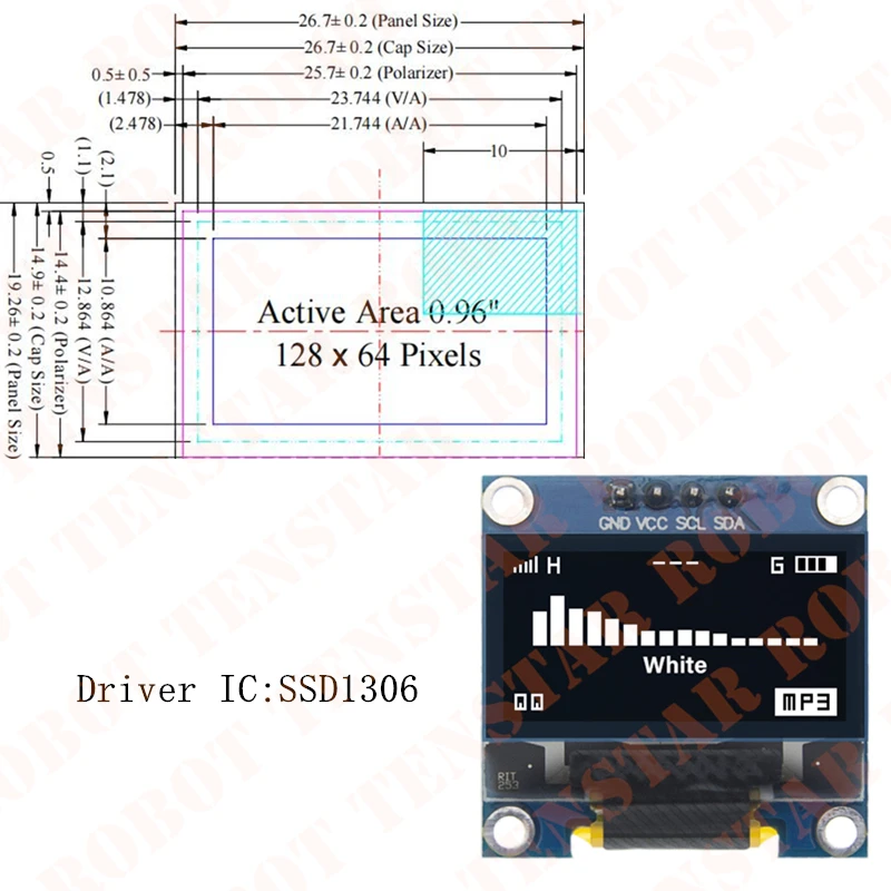 0,96 Zoll OLED SSD1306 Weiß/Blau/Gelb 128X64 IIC I2C Serielles – Bild 2