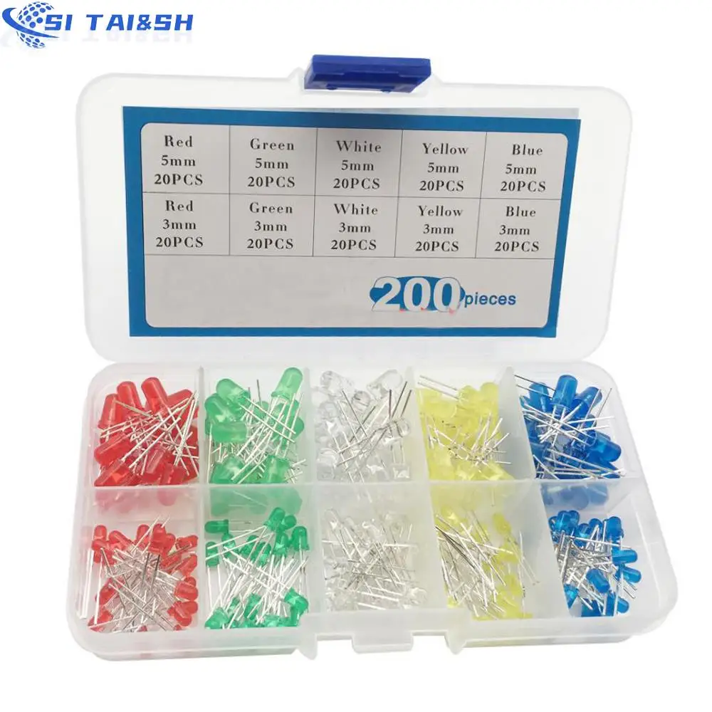 3MM 5MM Led Kit Mit Box Gemischte Farbe Rot Grün Gelb Blau Weiß Leuchtdiode Sortiment 20PCS Jedes (200 Stück)