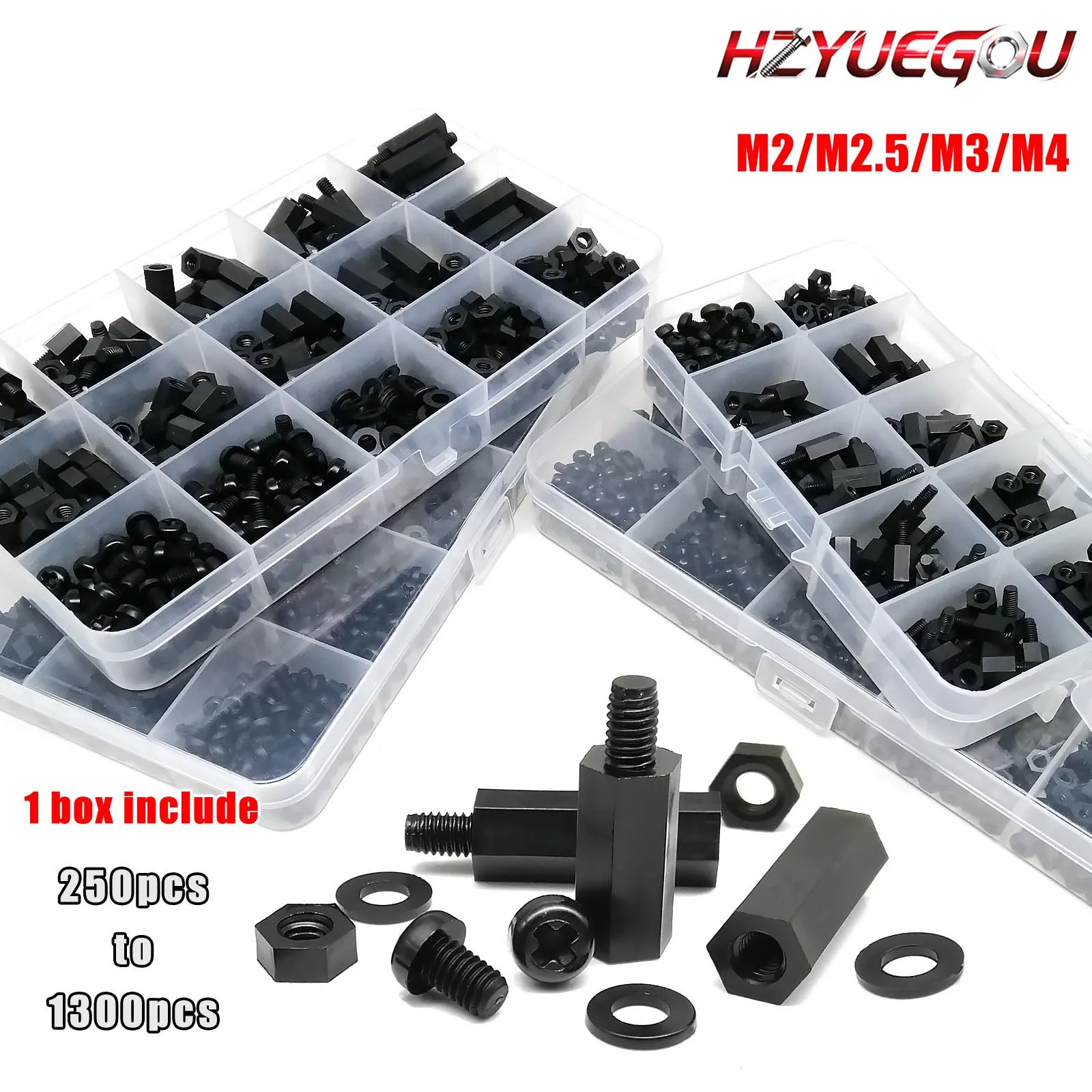 HZYUEGOU M2 M2.5 M3 M4 Schwarzes Kunststoff-Nylon Sechskant-Abstandshalter-Set mit Schrauben, Muttern