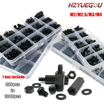 HZYUEGOU M2 M2.5 M3 M4 Schwarzes Kunststoff-Nylon Sechskant-Abstandshalter-Set mit Schrauben, Muttern