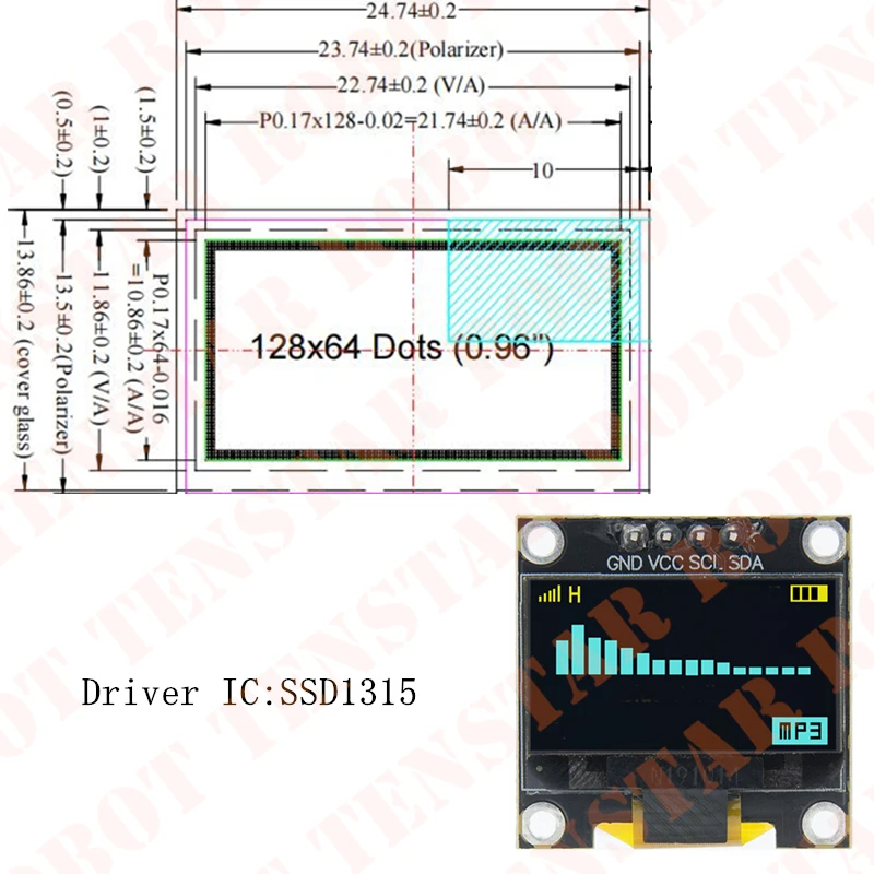 0,96 Zoll OLED SSD1306 Weiß/Blau/Gelb 128X64 IIC I2C Serielles – Bild 3