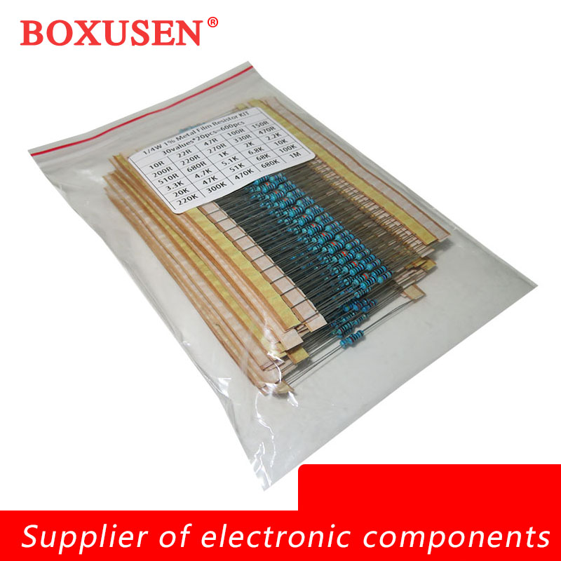 1/4 W, 30 Werte, jeweils 20 Stück Metallfilm-Widerstands-Kit-Box, 1 % Widerstand, sortiertes (600 Stück)