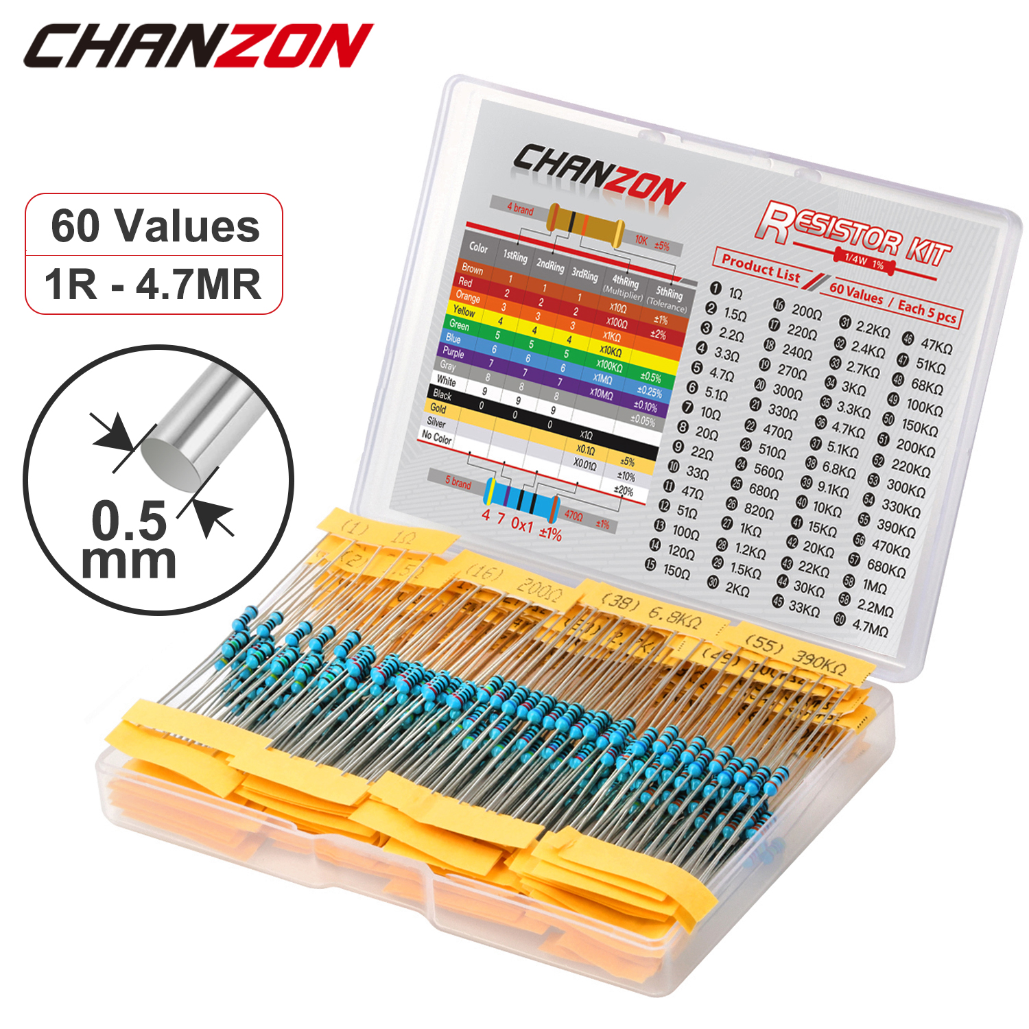 60 Werte 1/4 W 1 % Metallschichtwiderstände-Set, 300 Stück, 1 Ohm - 4,7 M Ohm, 1/4 Watt W, hochpräzises