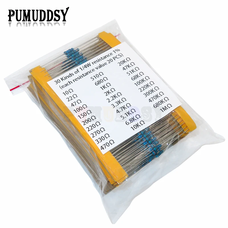 30 Arten 1/4 W Widerstand 1% Metall Film Widerstand Pack Assorted Kit 1 K 10 K 100 K 220 ohm 1 M (600 Stück)