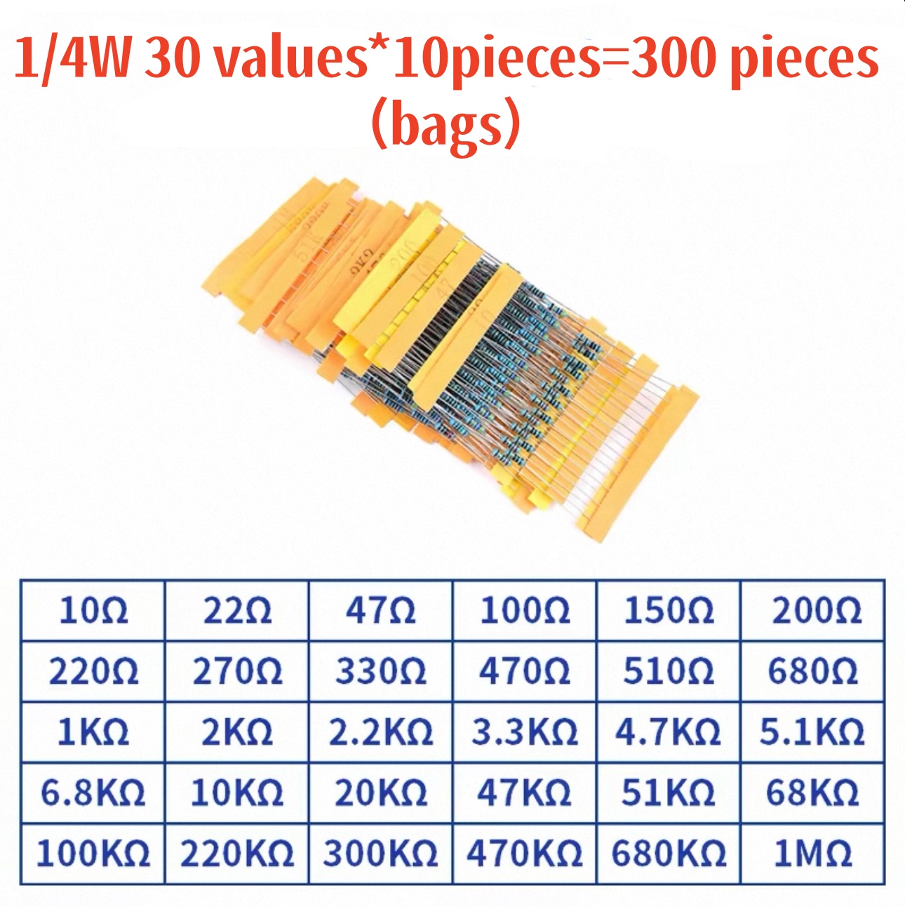 1% Widerstands-Set 1/4W Metallfilm-Widerstände Kit 10Ohm ~1M Ohm 30 Werte (300 Stück)